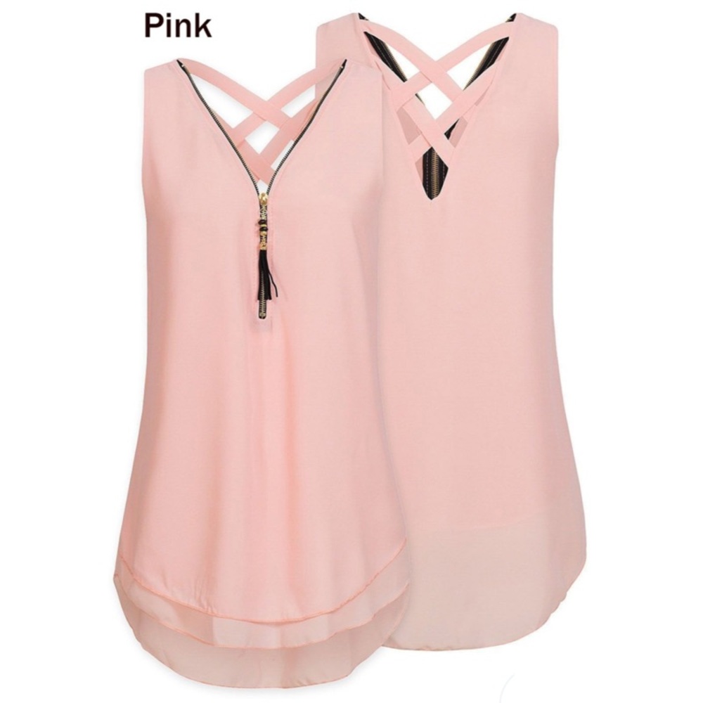 Pink Chiffon Zippered Cross Back Tank